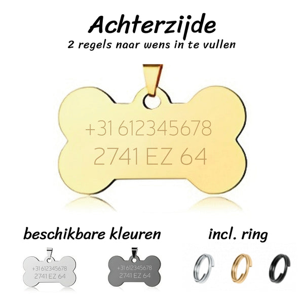 Hondenpenning inclusief naam met kroontje en achterzijde gravure