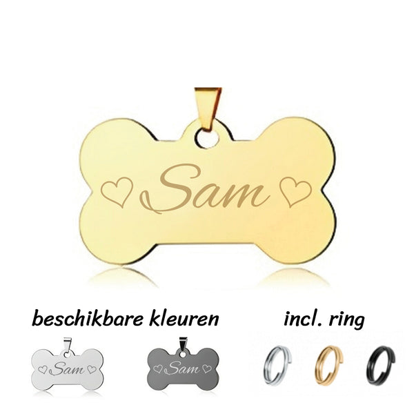 Hondenpenning inclusief naam met 2 hartjes en achterzijde gravure