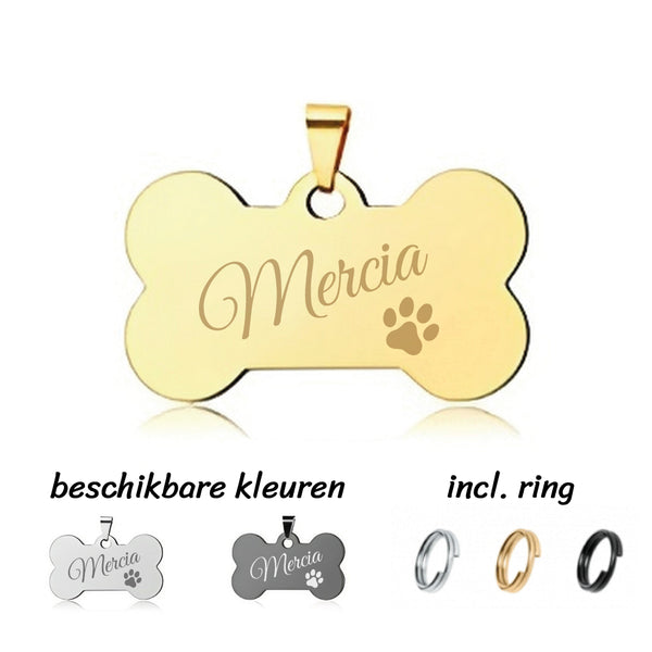 Hondenpenning inclusief naam schuin met pootafdrukje en achterzijde gravure