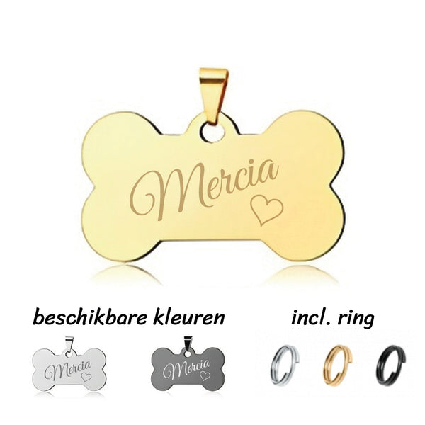 Hondenpenning inclusief naam schuin met hartje en achterzijde gravure