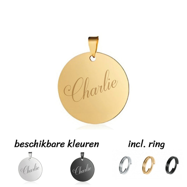 Hondenpenning of sleutelhanger inclusief naam schuin geplaatst en achterzijde gravure