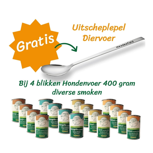 4 x 400 gr. Blikvoer voor Honden naar Keuze + GRATIS Lepel
